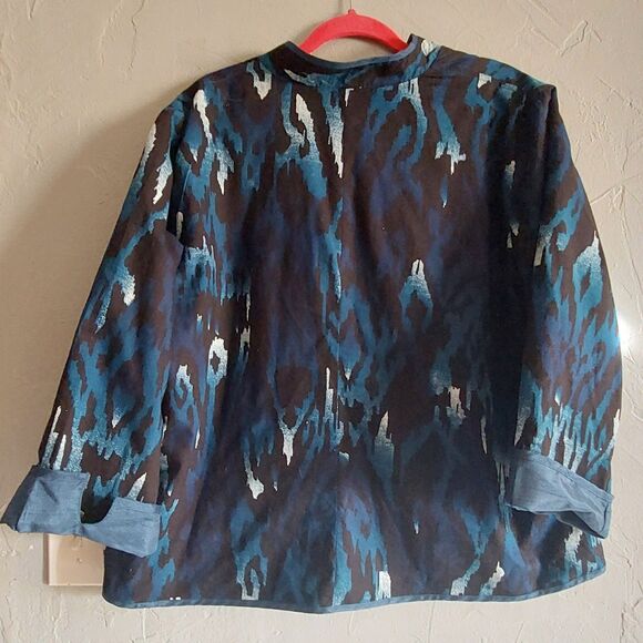 Women Blue & Black Abstract Print Jacket  Open Front, 3/4 Sleeve, Lightweight XL - Picture 8 of 11